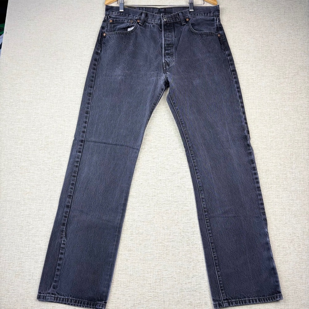 Levis 501 Mens 36x34 Original Fit Jeans Fuzzy Faded Black Denim